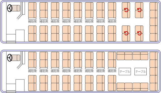◆大型スケルトンダブルサロンタイプ　53人乗り（正座席45シート・補助席8シート）